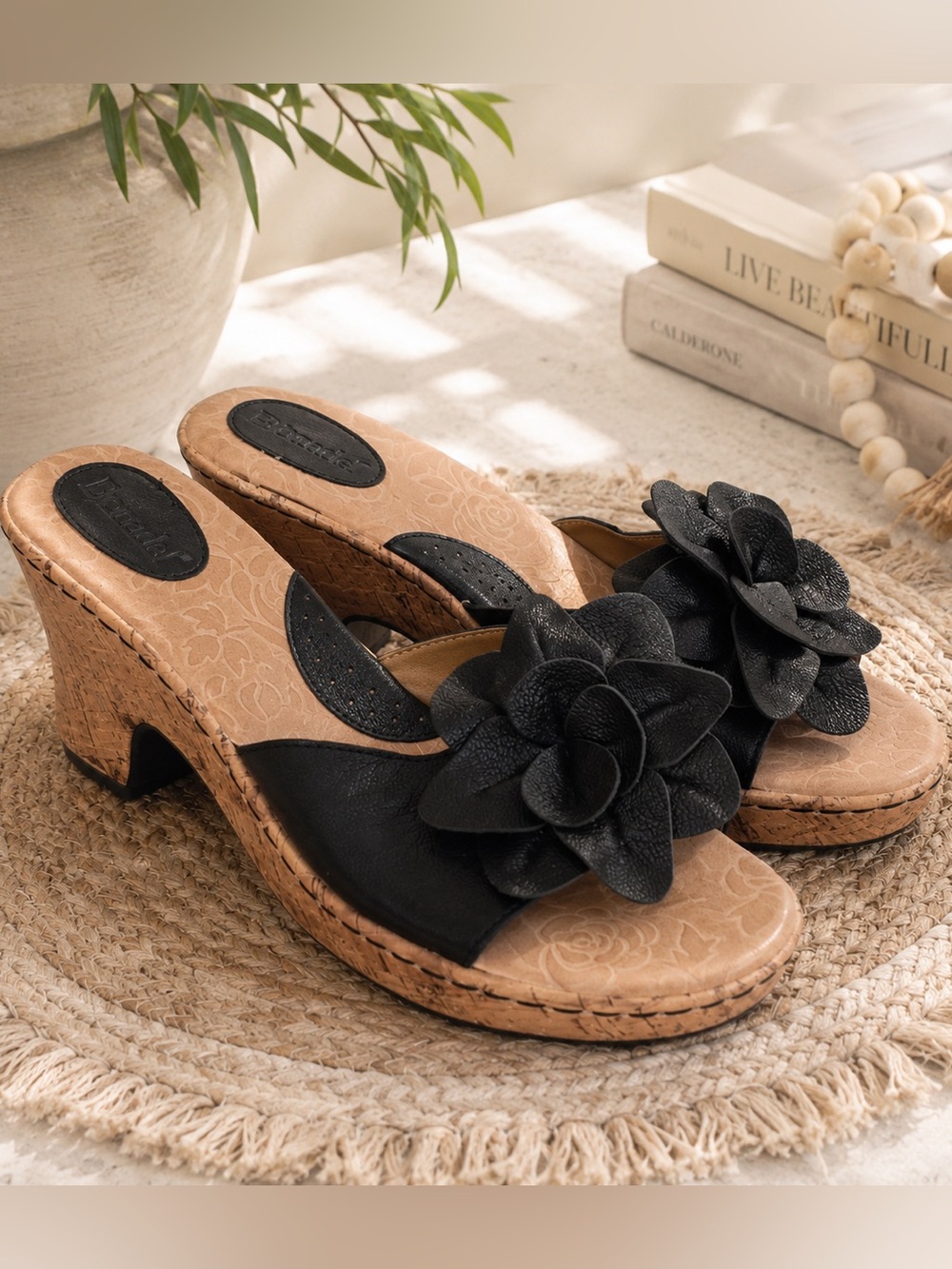 Bjorndal Black Leather Floral Cork Wedge Slide Sandals Womens Size 11 Boho Chic